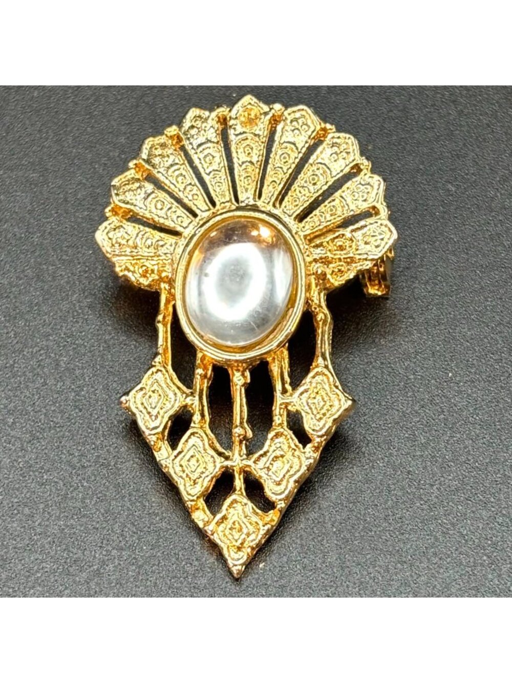 Vintage Art Deco Revival Brooch Mid Century Gold Sunburst Jelly Cabochon Pin MCM